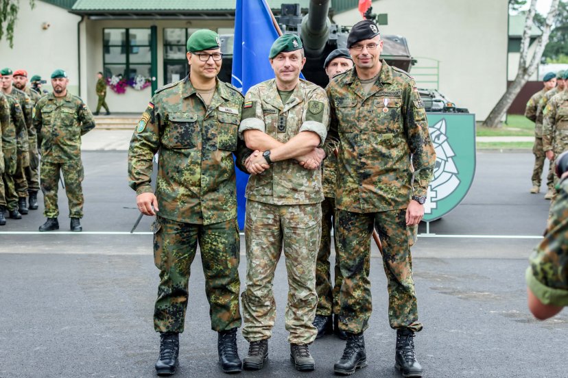 Change of command ceremony in the NATO enhanced Forward Presence Battalion Battle Group Lithuania...