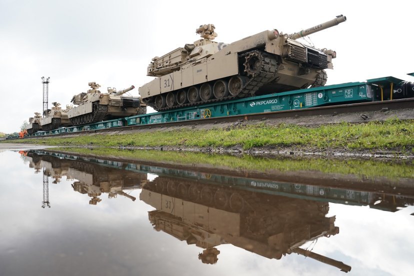 Rotational heavy U.S. battalion with combat equipment arrived in Kaunas. European railway track...