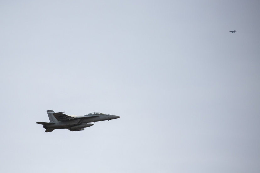 F-18 launches from a U.S. aircraft carrier in the Mediterranean to complete tasks in Lithuania